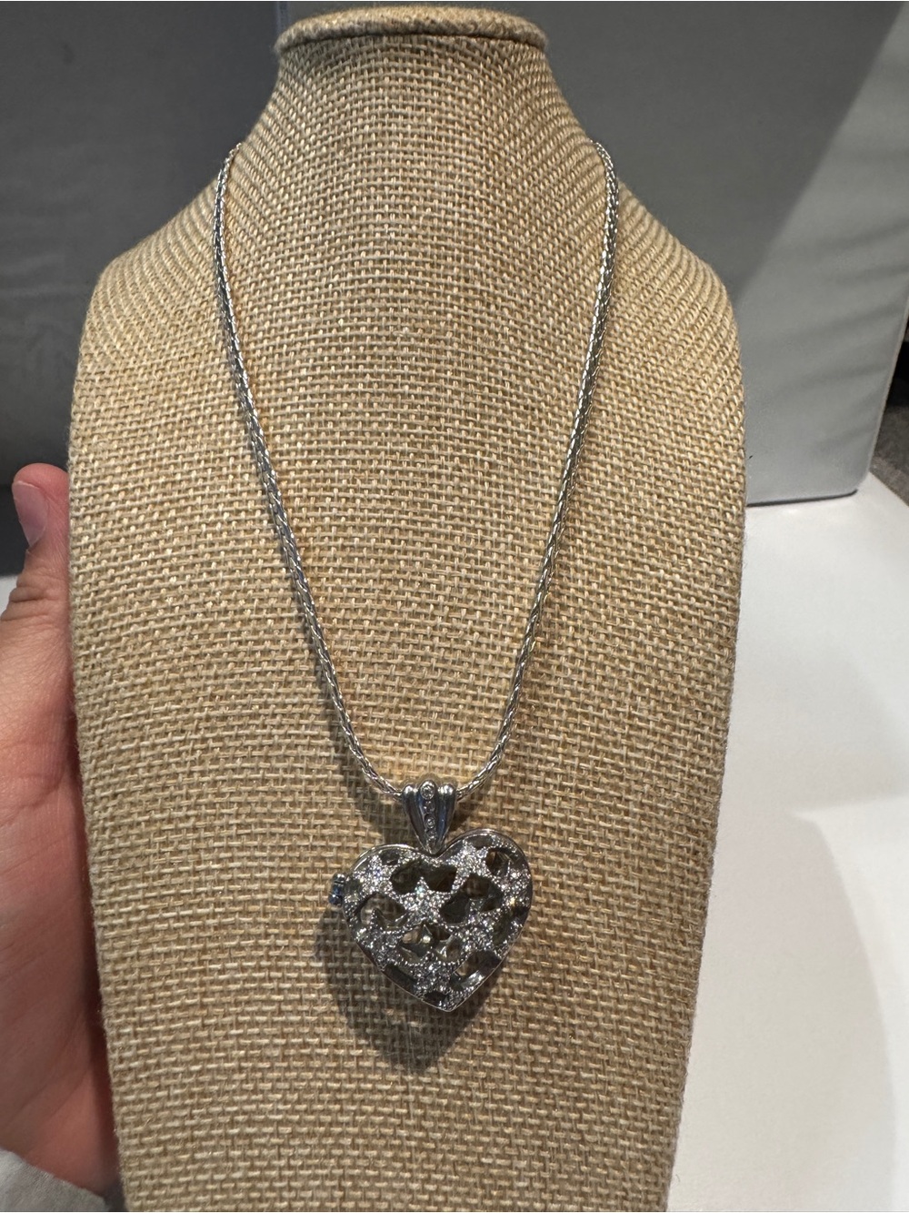 TT signed Heart Pendant Necklace with Clear Crystal Accents - Silver